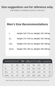 Size guide table for men's silk pajama set showing height, weight, and dimensions