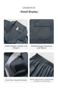 Detailed views of dark blue silk pajama set featuring notched lapel and elastic waist