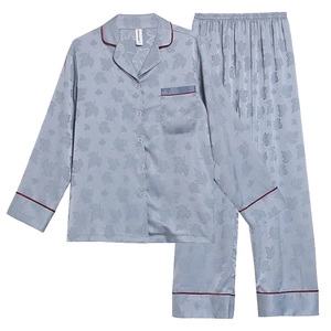 Classic two-piece long-sleeved silk-like pajama set in grey-blue with maple leaf pattern