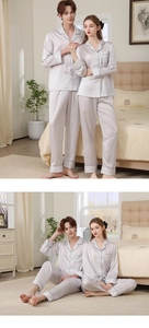 Close-up of silk pajama set with premium piping details in elegant silver grey