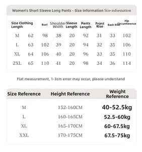 Detailed size chart for short-sleeved silk pajama sets featuring measurements M to XXL
