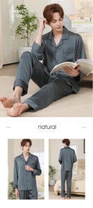 Detail of dark teal silk pajamas set for men with button-down shirt and soft glossy fabric