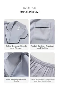 Détail du pyjama en soie montrant le col en V, la poche poitrine et la taille élastique