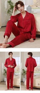 Three views of red silk men's pajama set featuring long sleeves and piped lapels