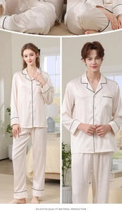 Detail of champagne silk satin pajamas showing wavy texture and contrast piping trim