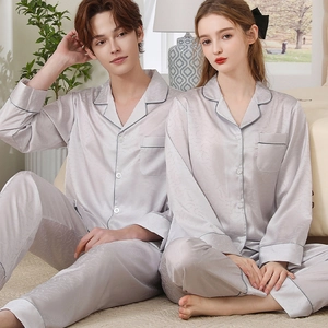 Luxurious silver silk pajama set for couples featuring classic lapels and elegant jacquard pattern