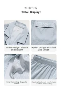 Detail of light blue silk pajamas showing notched collar and elastic waistband texture
