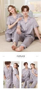 Detail of silk pajama set showing subtle wave texture and premium grey-purple fabric finish