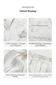 Detail view of silk pajama lapel, chest pocket, and elastic waistband with floral pattern