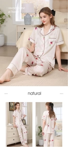 Detailed view of the tulip print pajamas with contrast piping on the collar and cuffs