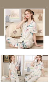 Close-up of floral print and silky texture of women's short sleeve pajamas set