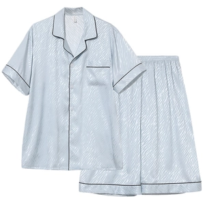 Men's ice silk pajama set with light blue zebra pattern and contrast piping trim