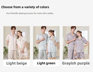 Ensemble de pyjama en soie à manches courtes en beige clair, vert clair et violet gris