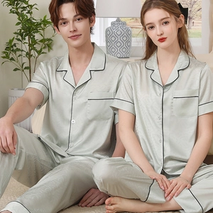 Couple Satin Pajama Set Short Sleeve Button Down Top And Long Pants Sleepwear For Men Women Contrast Piping Home Wear