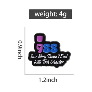 Enamel pin dimensions showing 0.9 by 1.2 inches with Your Story Doesn't End quote