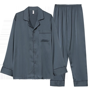 Men's silk satin long-sleeve pajamas set in dark grey blue with a classic button-up design