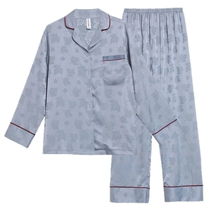 Men's light blue silk satin pajama set with maple leaf jacquard and red contrast piping