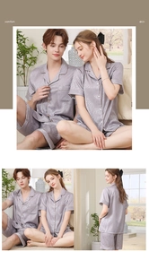 Détails de l'ensemble pyjama en satin argenté avec imprimé ondulé et col boutonné
