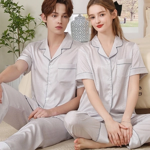 Matching silver grey silk pajamas set with polka dots for couples in summer style