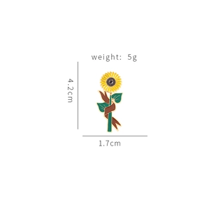 Enamel sunflower brooch pin with gold frame and dimensions 4.2cm x 1.7cm in white background