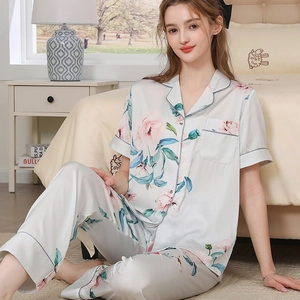 Women's Satin Pajama Set Floral Printed Lapel Short Sleeve Top And Long Pants Luxurious Sleepwear Lounge Set
