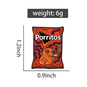 Detailed size chart showing 1.2x0.9 inch dimensions for snack bag cartoon bear enamel pin