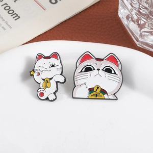 Cute cartoon white cat enamel pins with lucky bells for clothing and backpack decor