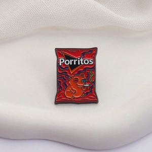 Creative red enamel brooch with funny Porritos snack bag design and cartoon character