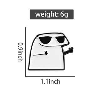 Detail showing Flork cartoon enamel pin dimensions with 6g weight and sunglasses design