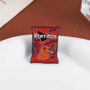 Macro shot of red Porritos snack badge with smoking capybara on white ceramic plate