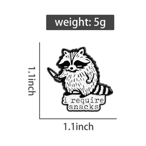 Detail view of cartoon raccoon enamel pin showing 1.1 inch size and 5g weight data