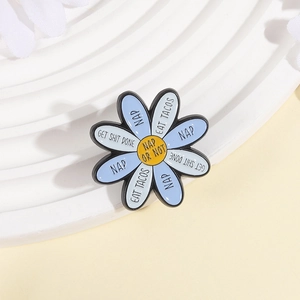 Cute daisy enamel flower brooch in light blue and yellow with funny English lettering