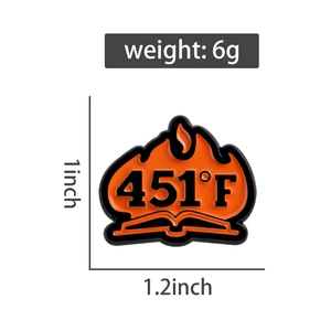 Detailed dimensions of Fahrenheit 451 enamel pin featuring flame and book graphics