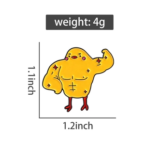 Detail view of muscular yellow chick enamel pin with dimensions 1.1x1.2 inches and 4g weight