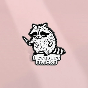 Funny Raccoon Enamel Pin Holding Knife I Require Snacks Cartoon Alloy Brooch Badge For Backpack Clothes Accessories Jewelry