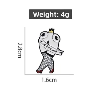 Detailed size chart for Miss Fresno enamel pin showing 2.8cm height and 4g weight