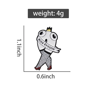 Detailed dimensions of crown fish enamel pin with fishnet stockings and high heels