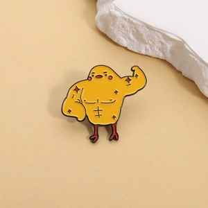 Funny cartoon muscular yellow chicken enamel pin with creative gym fitness design