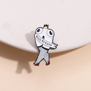 Cute tooth-shaped badge with gold crown and red high heels on light background
