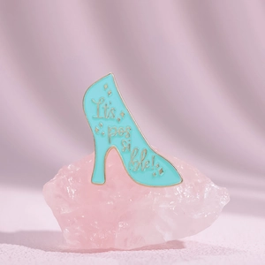 Elegant sky blue high heel brooch with gold It's possible text and star accents