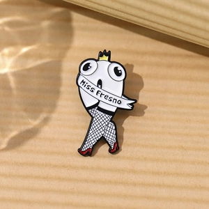 Miss Fresno enamel pin featuring walking fish legs with fishnet stockings and red heels