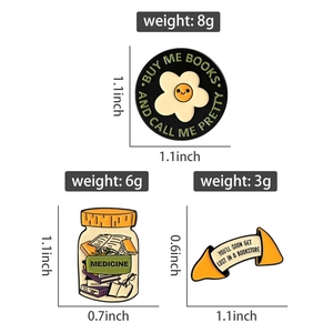 Detailed size specifications for enamel pins with book-themed quotes and flower motifs