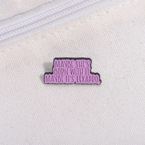 Funny purple Lexapro enamel pin with humorous text on high-quality beige canvas background
