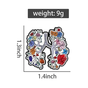 Floral lung enamel pin dimensions 1.4x1.3 inches shown with measurement guide lines