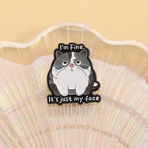 Detail of cartoon enamel pin featuring a grumpy cat and humorous I am Fine slogan