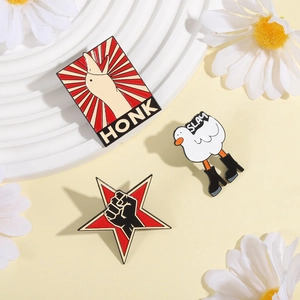 Funny cartoon goose enamel pins set with Honk and Slay slogans on decorative white daisy stand