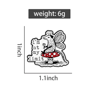Detail of funny opossum enamel pin on mushroom with I'm at my limit text and size info