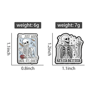 Detailed view of skull enamel pins with I'll Just Wait and Never Better text and dimensions