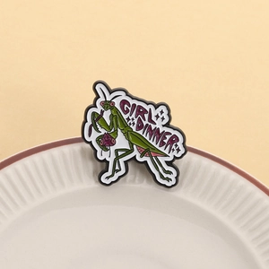 Détail macro de l'épinglette mante religieuse verte avec lettrage créatif Girl Dinner