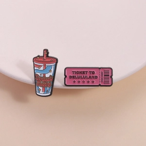 Cartoon Delulu Juice Cup And Ticket To Delululand Enamel Brooch Pin Set Zinc Alloy Lacquered Fashion Badge For Clothing Bag Decor